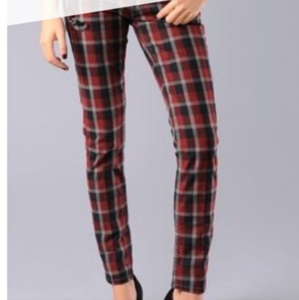 Taverniti So LA Janice 12 Tartan Red Check Low Shinny Jeans Very Rare Size 25